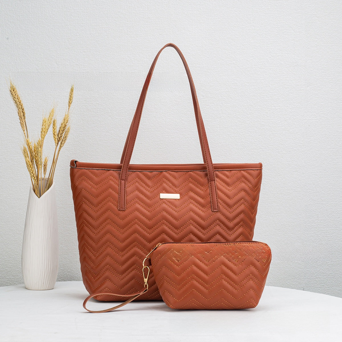 PU Embroidery Shoulder Tote Bag Set PremiumNest