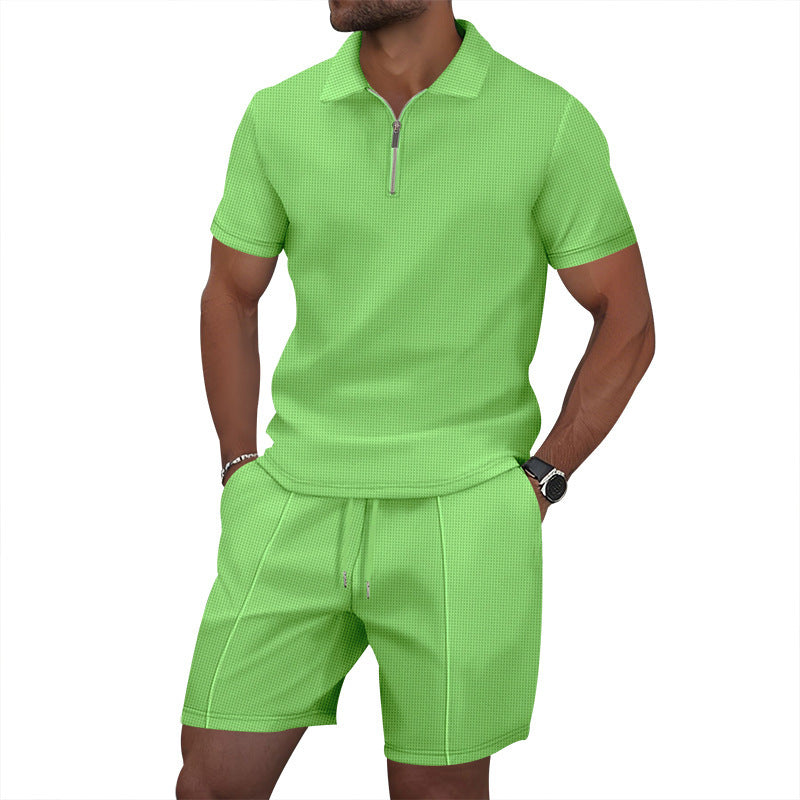 Men's Waffle Knit Short Sleeve T-Shirt and Shorts Set PremiumNest
