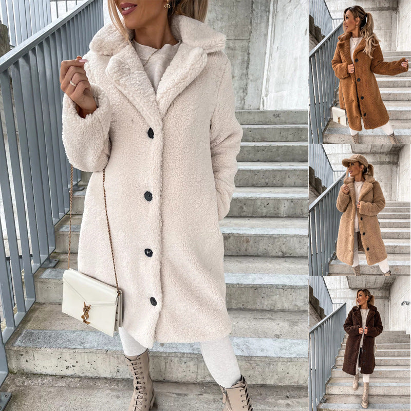 Long Sleeve Lapel Women's Plush Jacket Long Coat PrimeNest