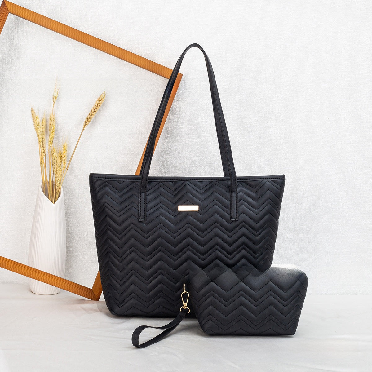 PU Embroidery Shoulder Tote Bag Set PremiumNest