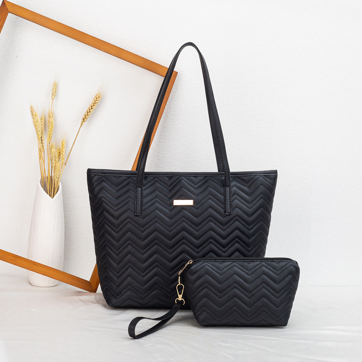 PU Embroidery Shoulder Tote Bag Set PremiumNest