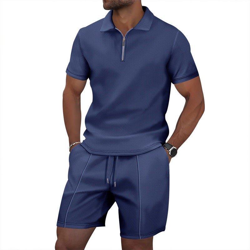 Men's Waffle Knit Short Sleeve T-Shirt and Shorts Set PremiumNest