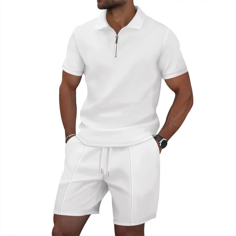 Men's Waffle Knit Short Sleeve T-Shirt and Shorts Set PremiumNest
