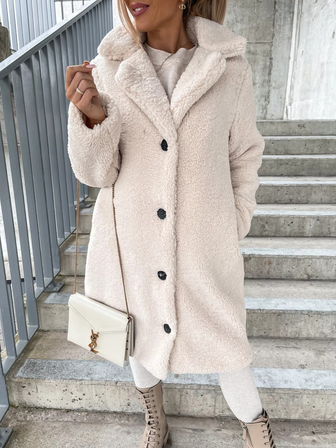 Long Sleeve Lapel Women's Plush Jacket Long Coat PrimeNest