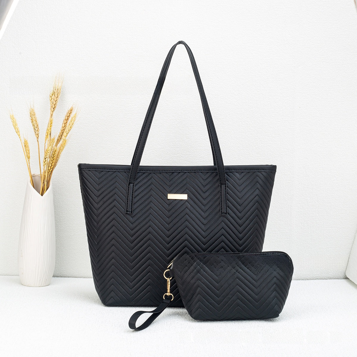 PU Embroidery Shoulder Tote Bag Set PremiumNest