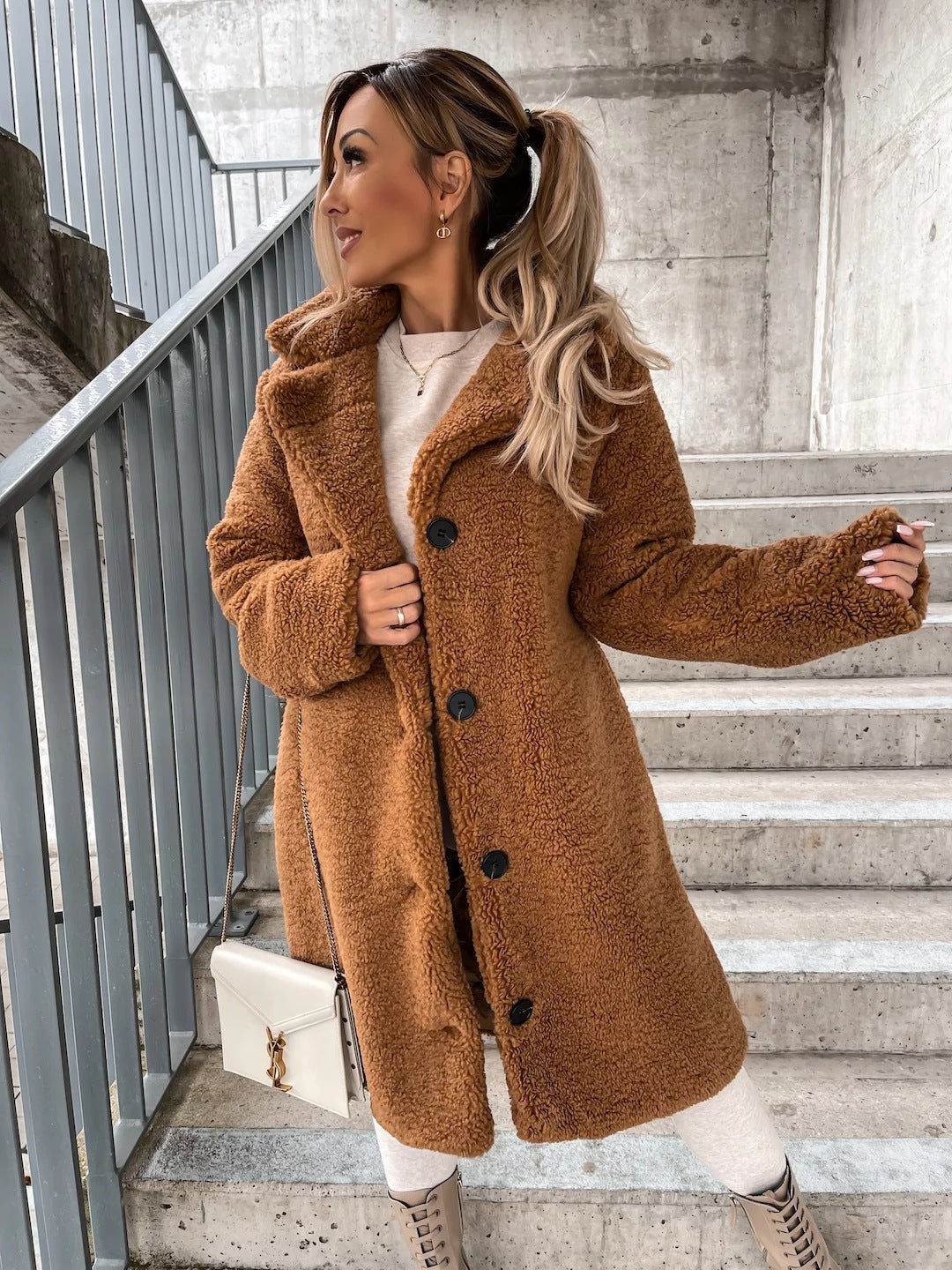 Long Sleeve Lapel Women's Plush Jacket Long Coat PrimeNest
