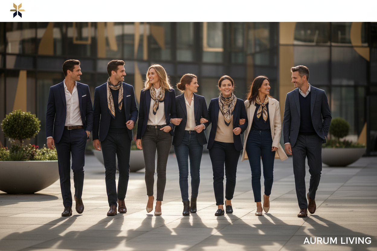 Group Walking Urban Plaza