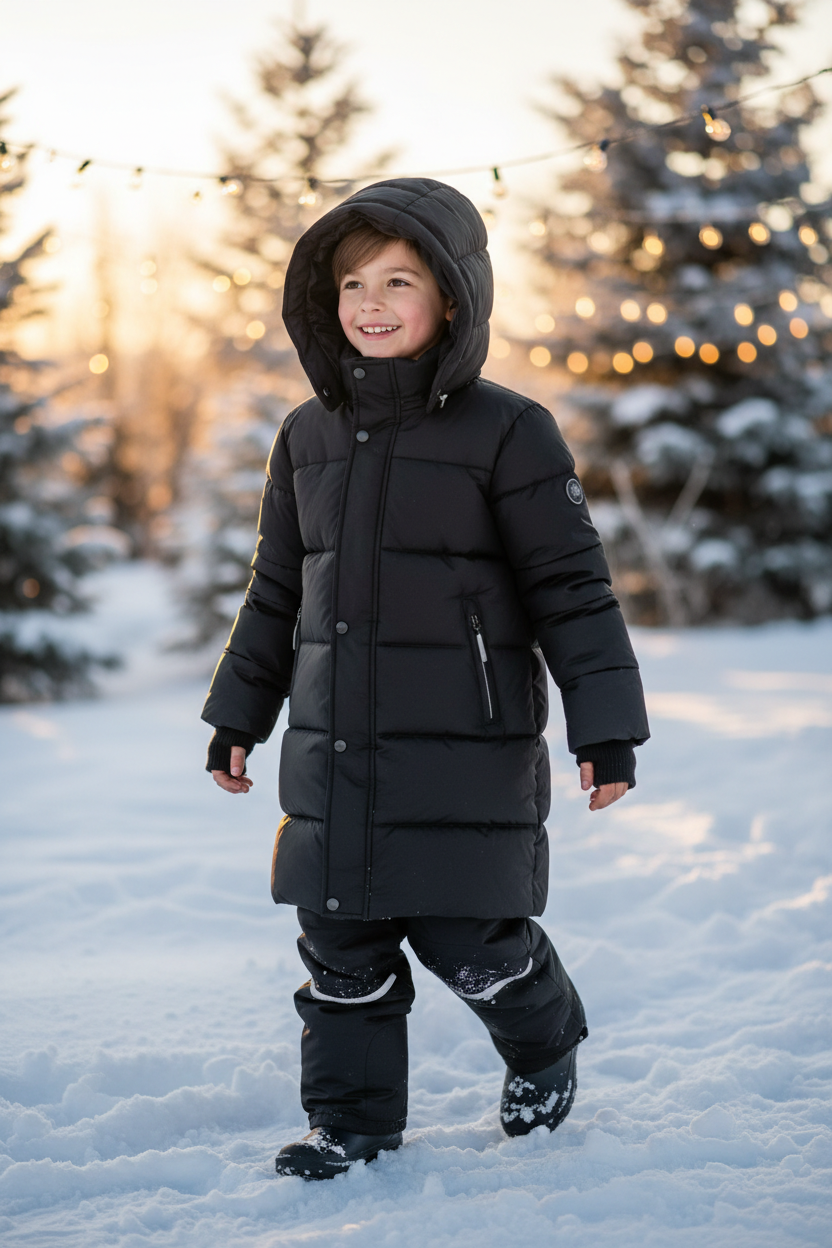 Smiling child wearing black long hooded down jacket in winter setting
