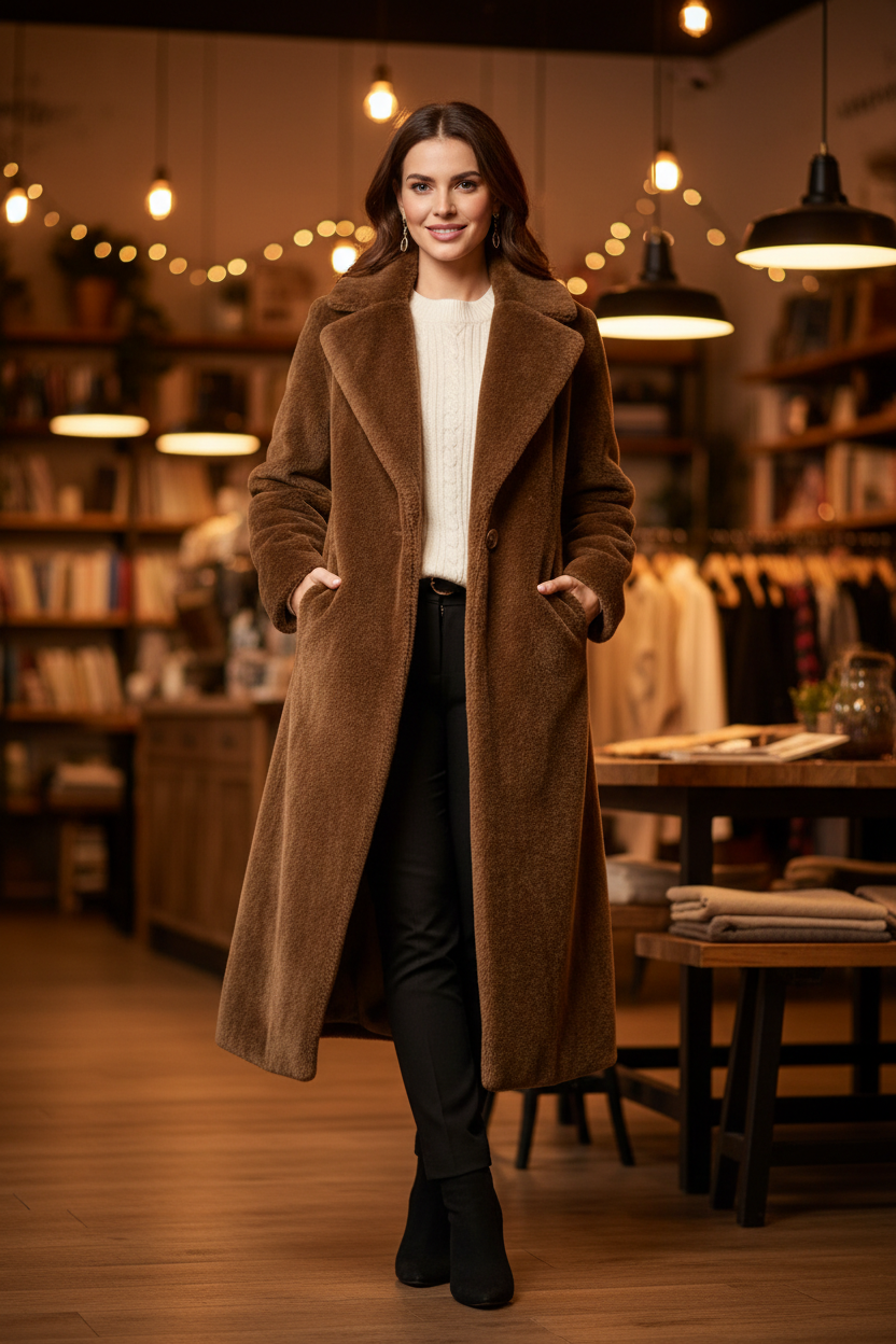US female model wearing brown plush long coat in elegant winter outfit