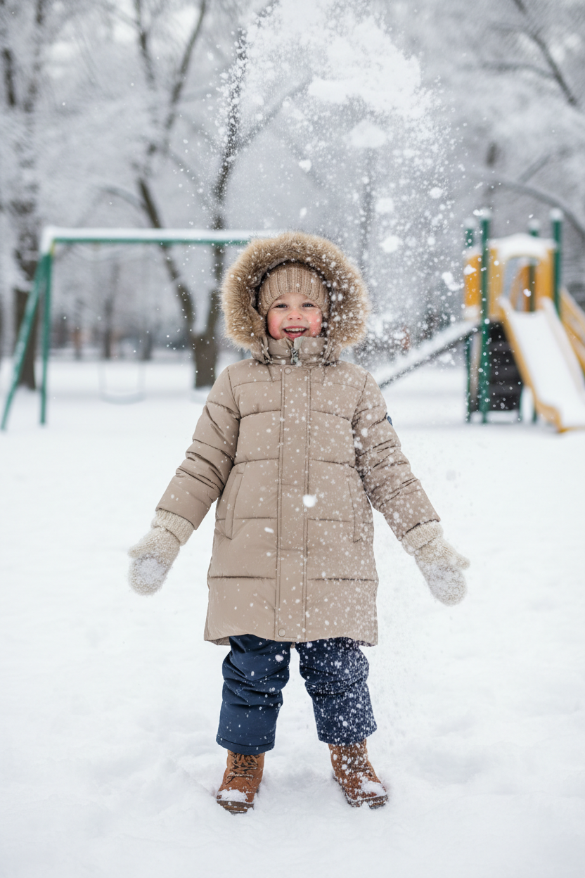 Happy child wearing beige white duck down jacket playing in winter snow