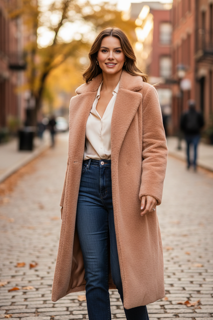US female model wearing apricot beige plush long coat in urban autumn setting