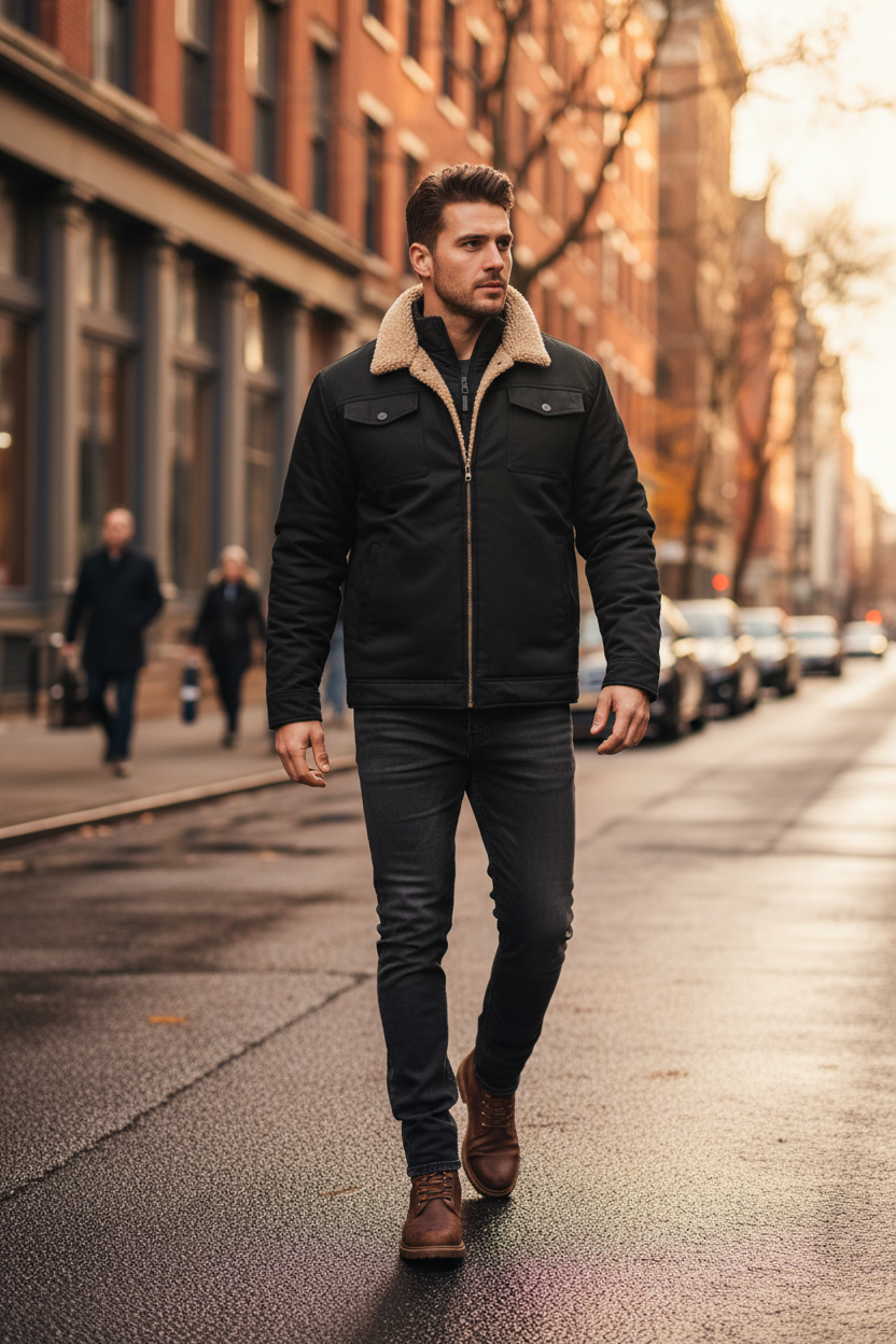 Model walking on city street