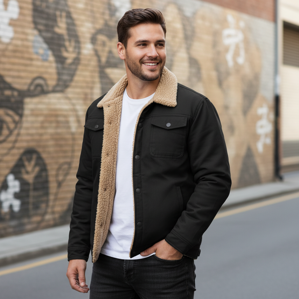 US Model wearing fleece-lined workwear jacket