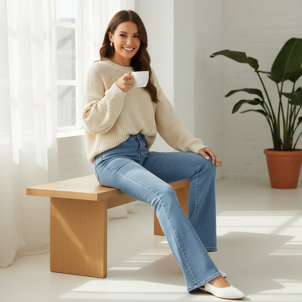 Woman in denim jeans relaxing with coffee