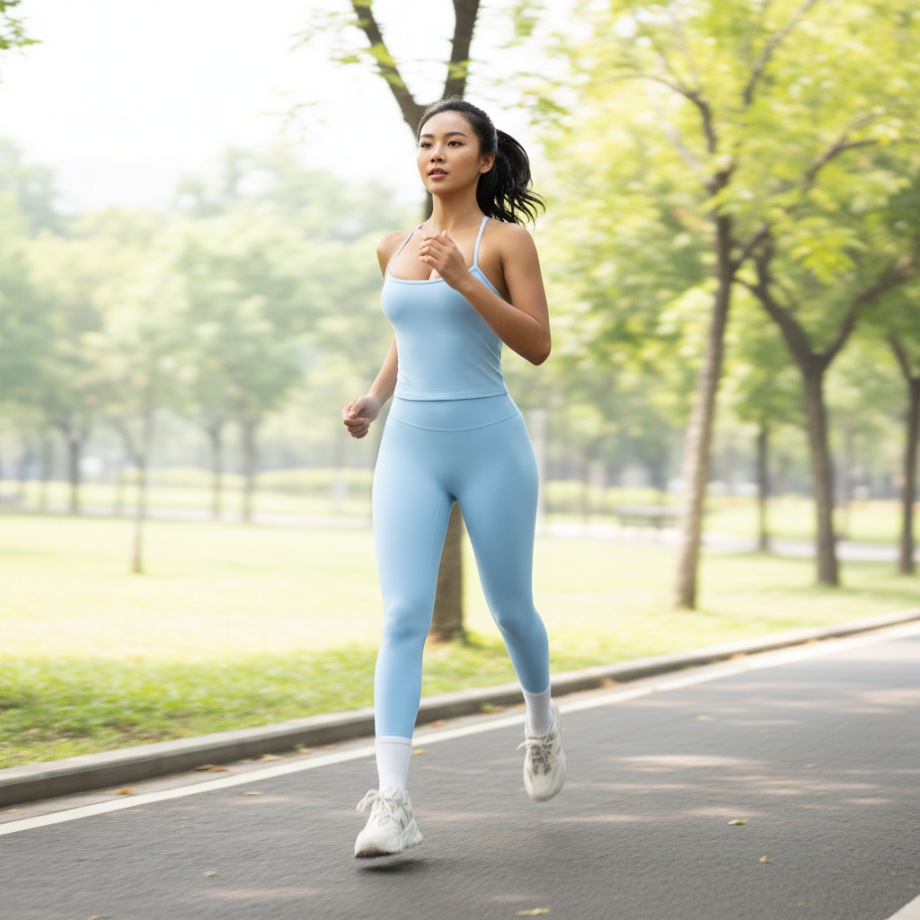Woman in yoga set running outdoors