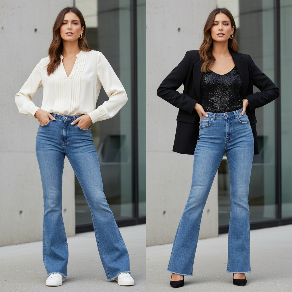 Woman styling classic denim jeans elegantly