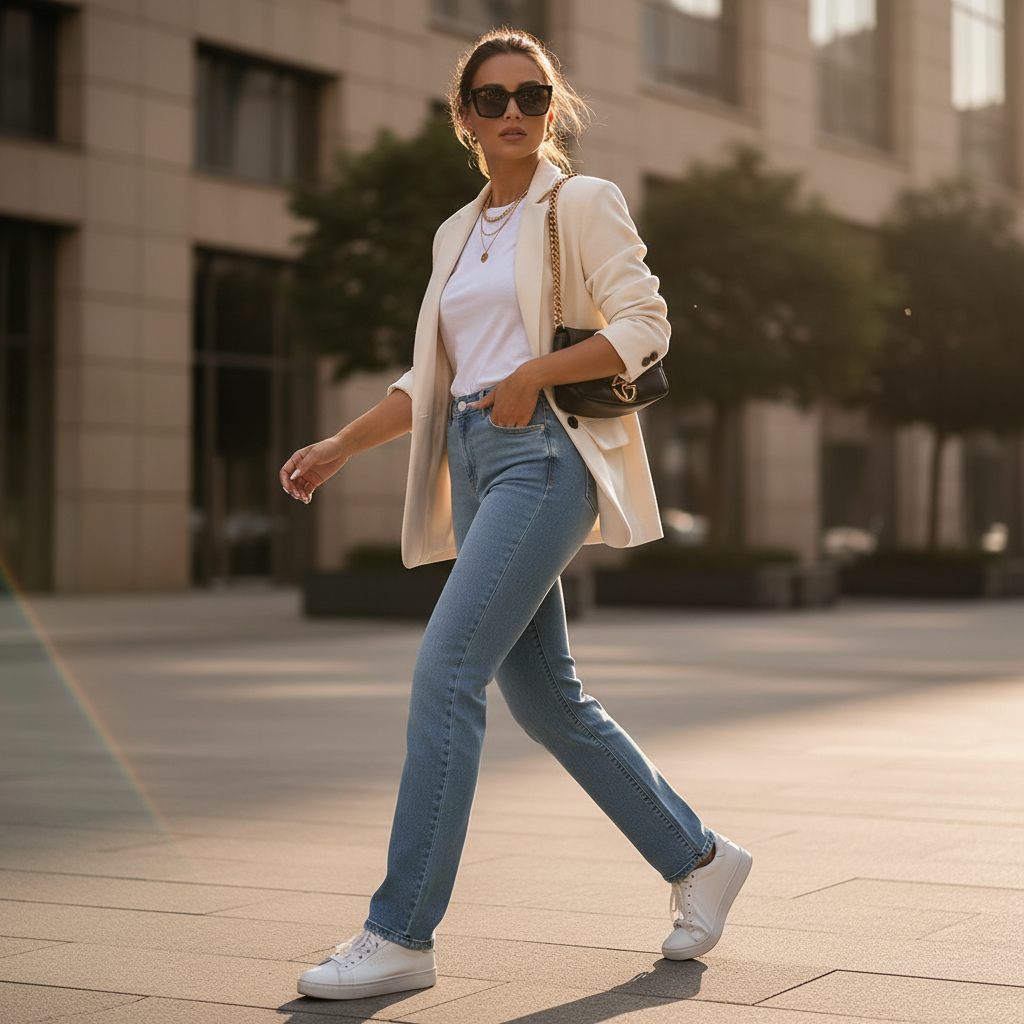 Woman walking confidently in classic denim jeans