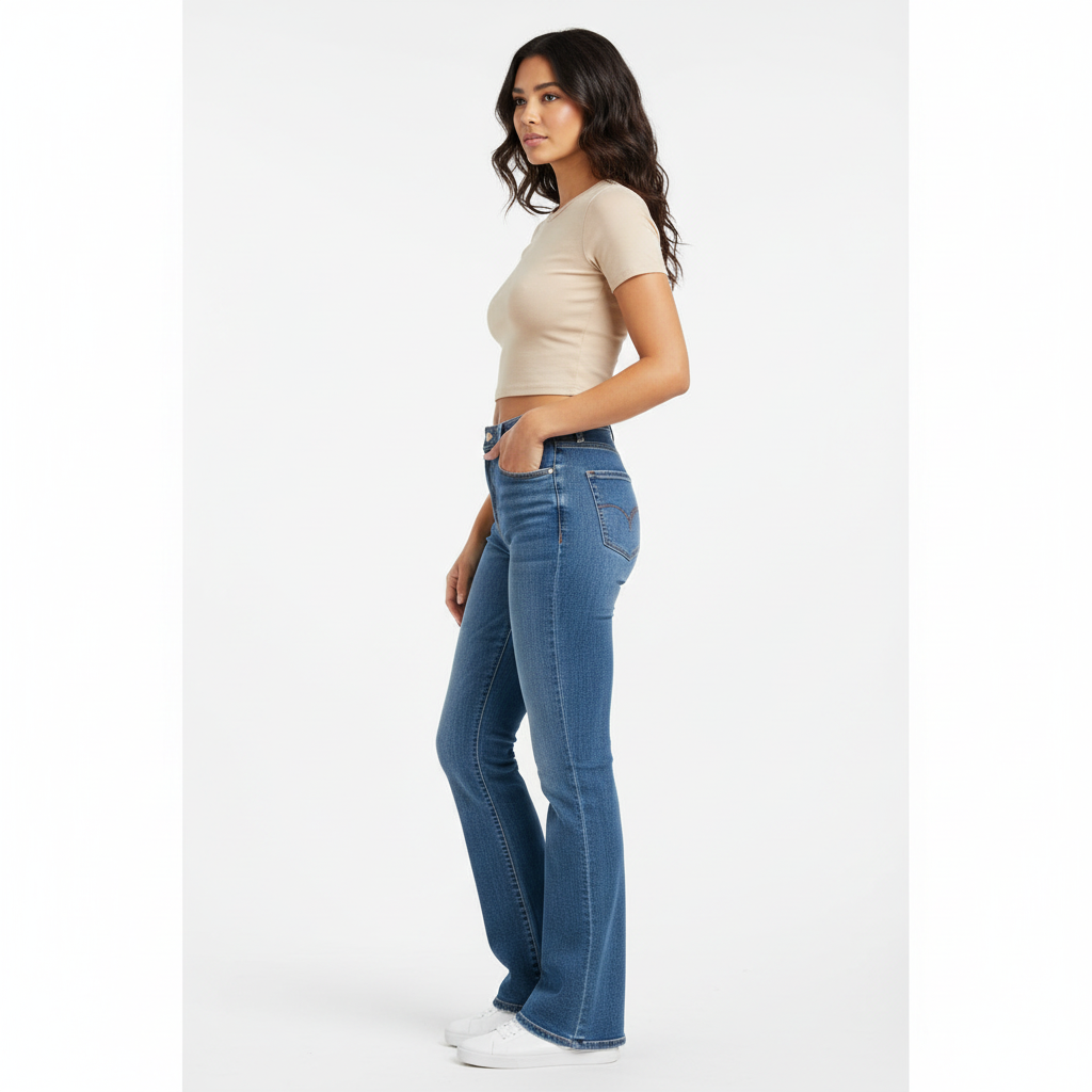 Woman wearing denim jeans side view white background