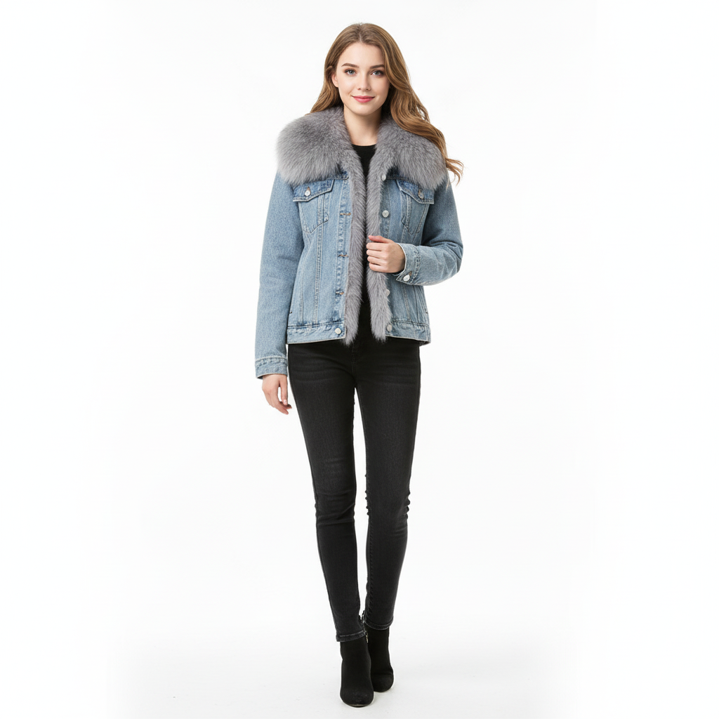 Woman wearing fleece-lined denim jacket - classic style