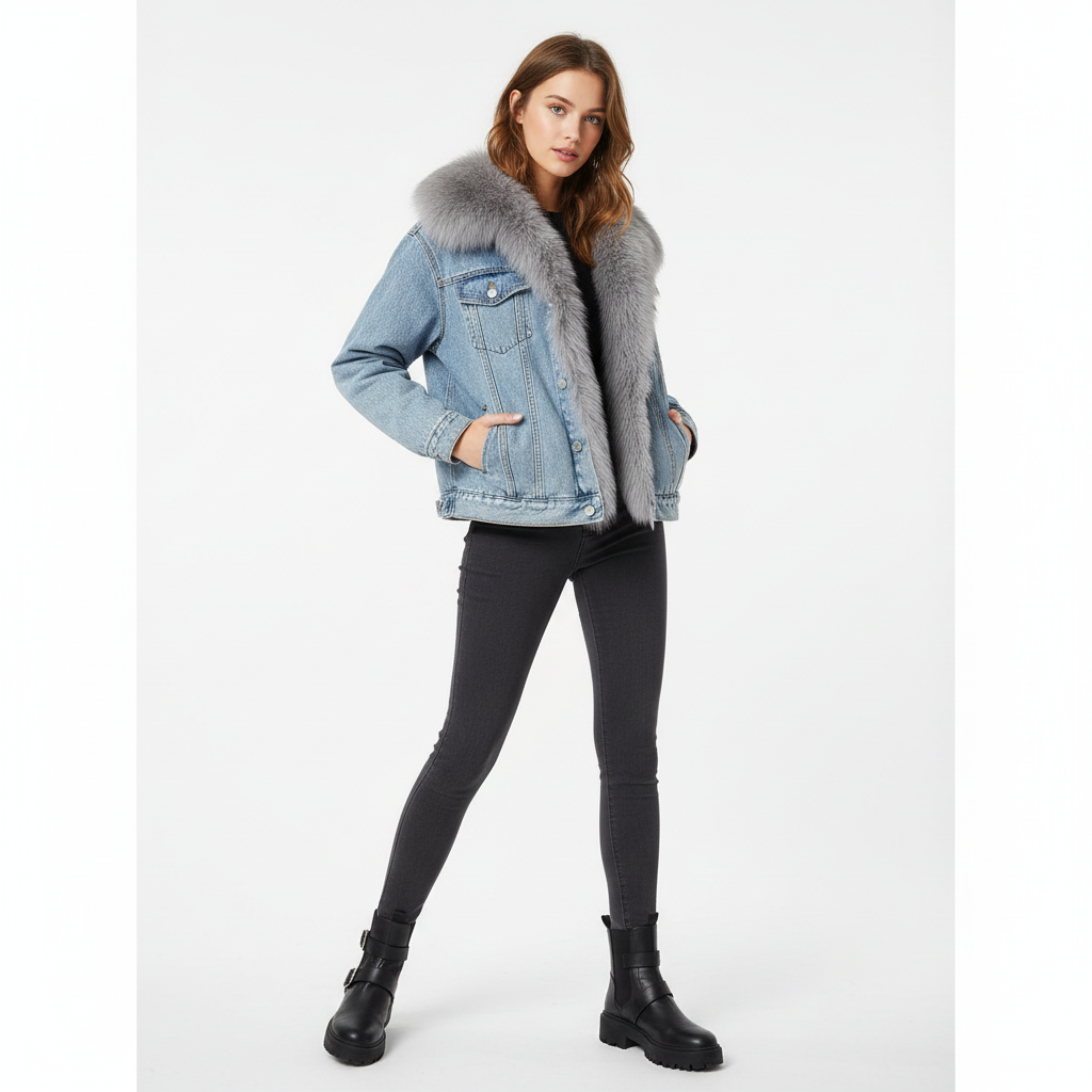 Woman wearing fleece-lined denim jacket - dynamic style