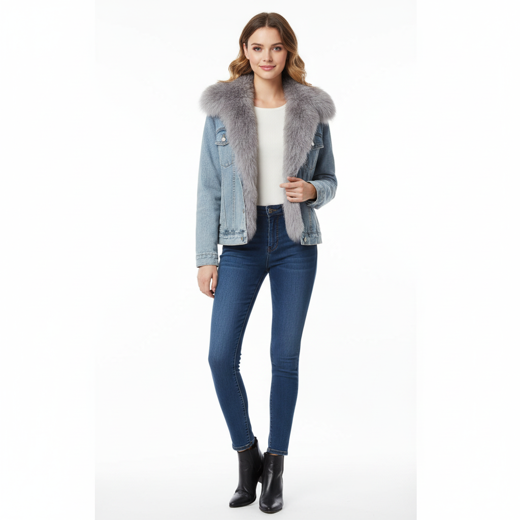 Woman wearing fleece-lined denim jacket - elegant style