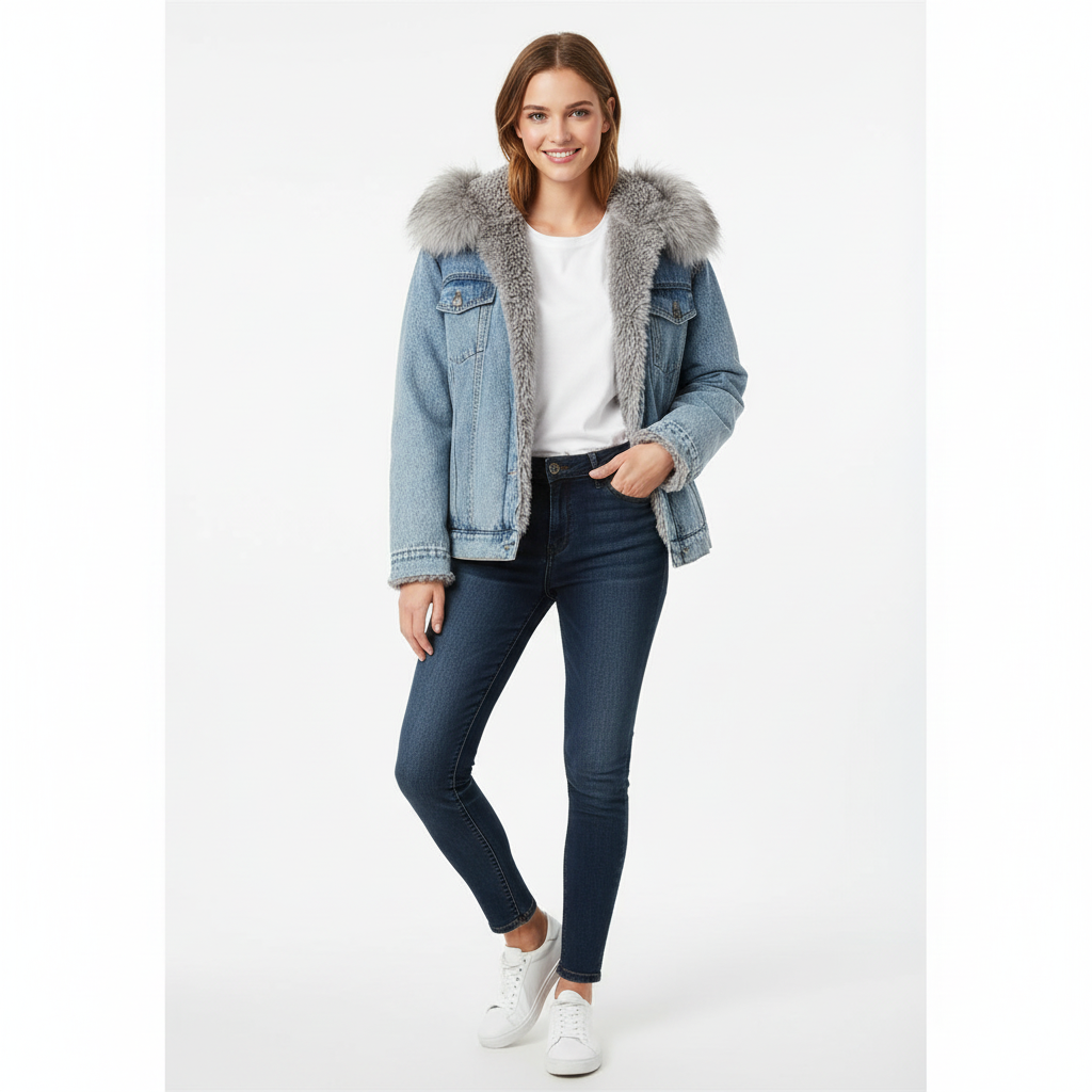 Woman wearing fleece-lined denim jacket - open style